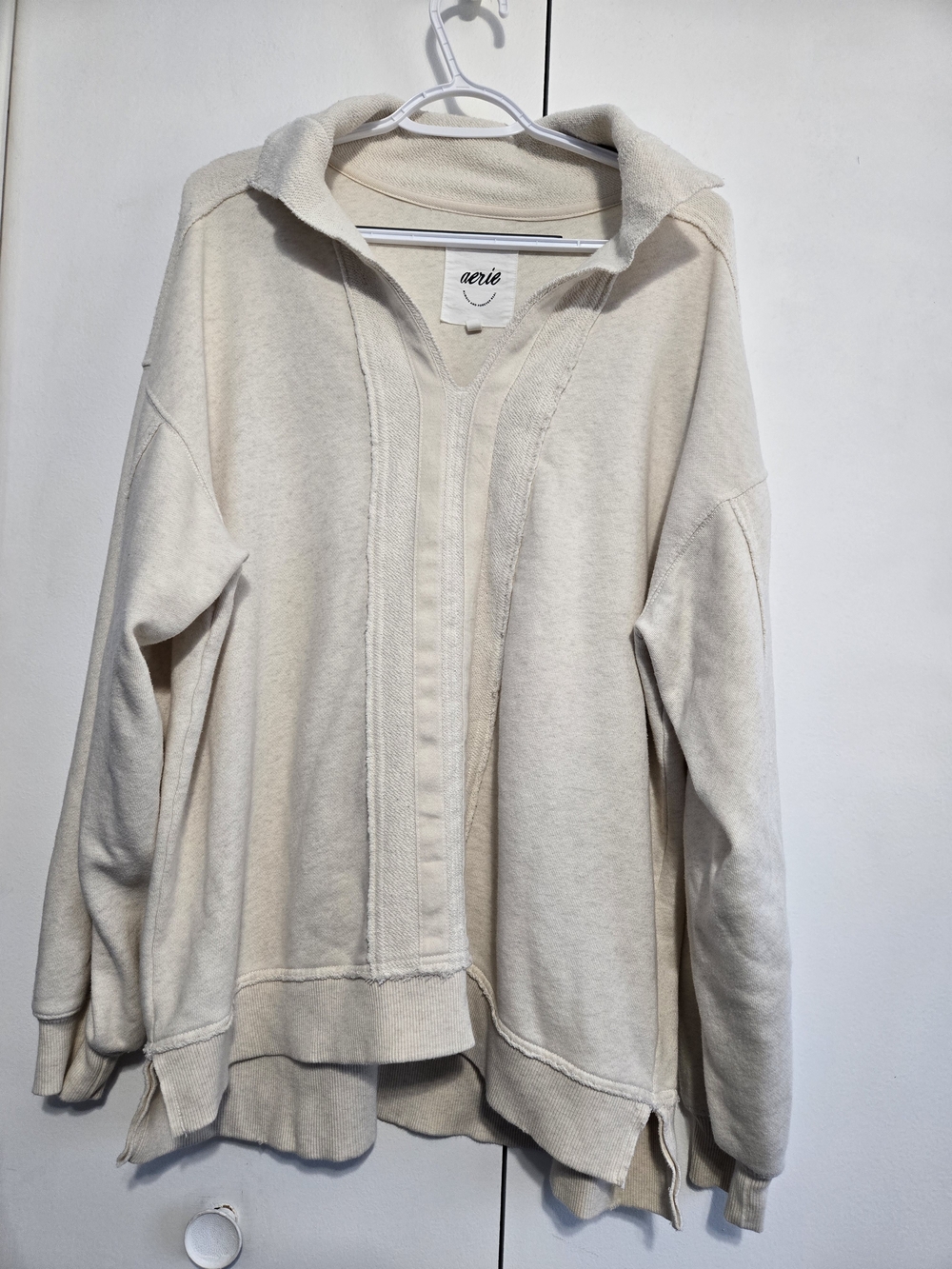 Aerie Oversized Cowl Neck Sweatshirt Medium Cream High Low Raw Seam